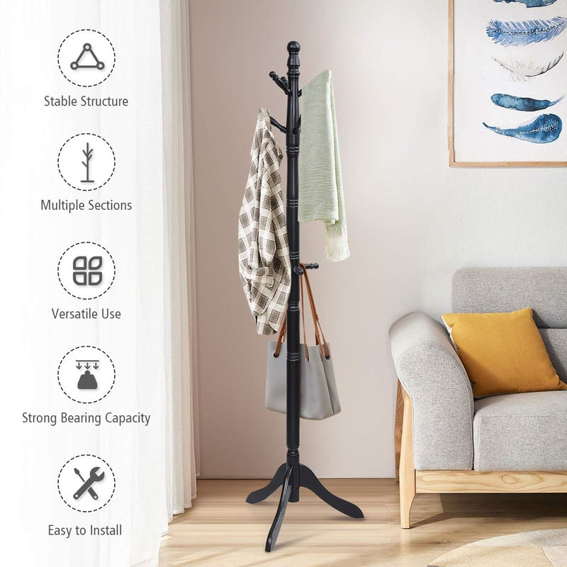 Tangkula Wood Coat Rack Freestanding, Entryway Height Adjustable Coat Stand with 9 Hooks & Stable Tri-Legged Base, Rubber Wood Coat Tree Hall Tree Coat Hanger Stand for Home Office Hall Entryway - Image 3